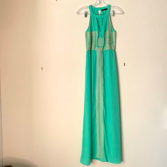 THML maxi dress green turquoise teal embroidered goddess boho - Picture 3 of 10